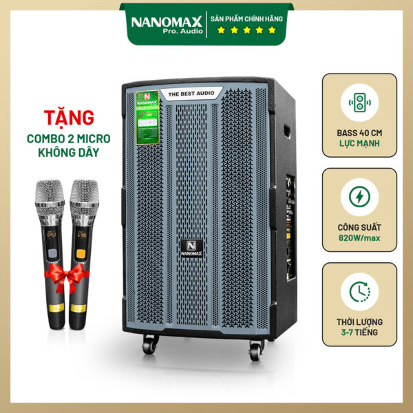 Loa Kéo Di Động Nanomax K-180 Bass 40cm 820w Lưới Xám Karaoke Bluetooth